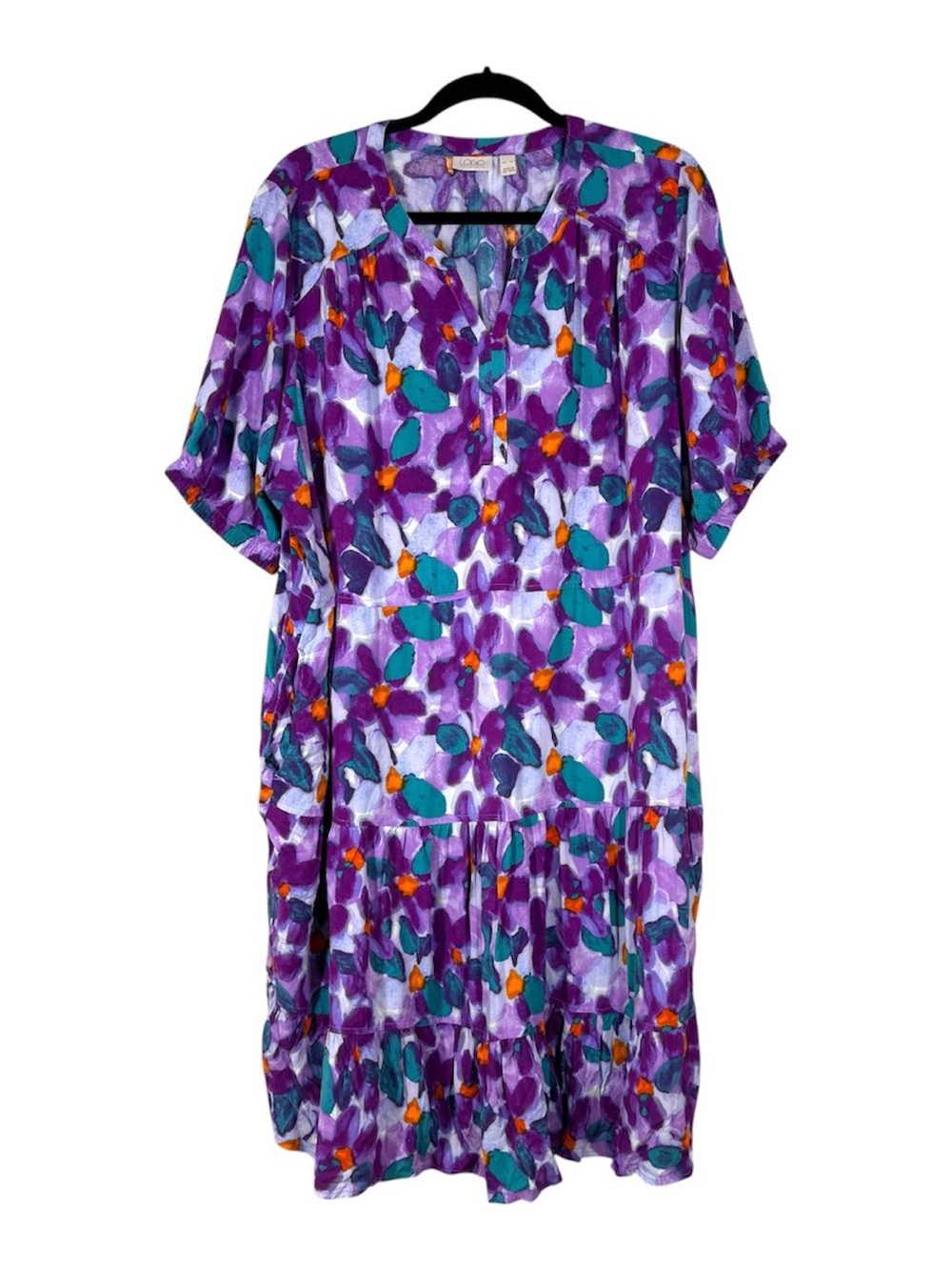 LOGO by Lori Goldstein Floral Printed Woven Tiered Dress XL Purple Pockets Light